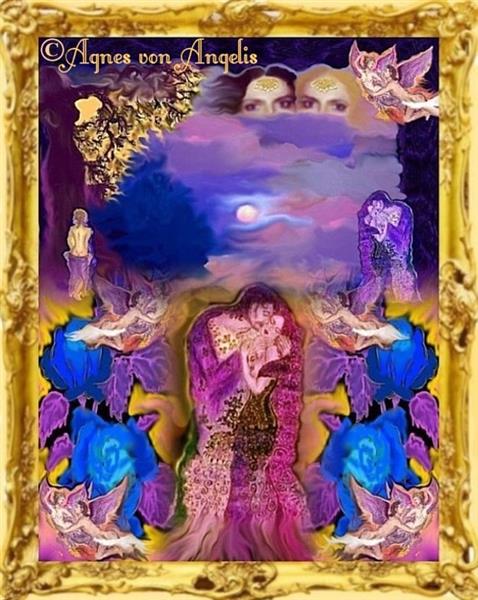 Romantische Nacht unter dem Augenlicht der Hemera (Tag) und der Nyx (Nacht), mit den Archetypen der Liebenden Schechinah und Jahve umgeben von blauen Rosen, und mit Engelkraft Eros und Psyche. (d.) ;  Romantic night under the eyes of Hemera (day) and Nyx (night), with the archetypes of love Shechinah and Jahve surrounded by blue roses, and with angelic power Eros and Psyche. (eng.), c.2022 - Agnes von Angelis