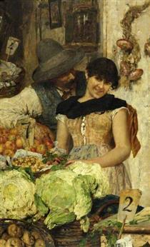 A Venetian Vegetable Stall, Courtship - Giacomo Favretto