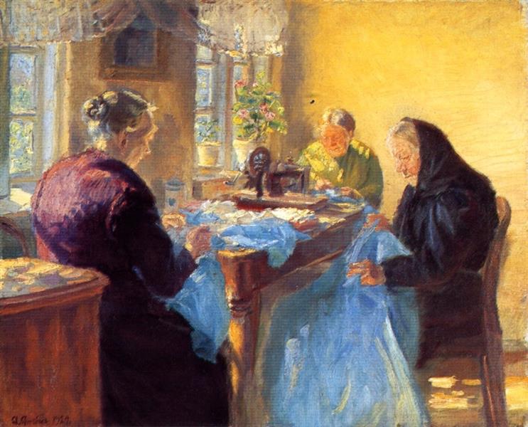 Three Old Seamstresses, Sewing a Blue Gown for a Costume Ball, 1920 - Anna Ancher