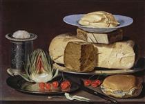 Still Life with Cheeses, Artichoke, and Cherries - Clara Peeters