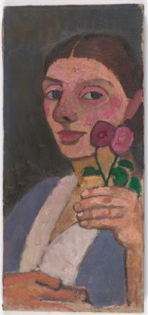 Self Portrait with Two Flowers in Her Raised Left Hand - Paula Modersohn-Becker