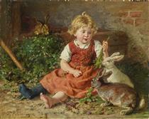Girl feeding rabbits - Felix Schlesinger