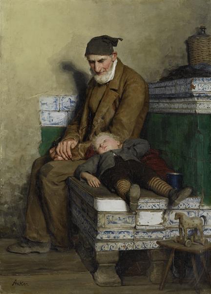 The old Feissli with child on the stove bench, c.1901 - Альберт Анкер