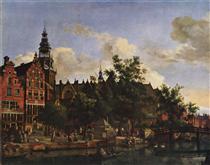View of Oudezijds Voorburgwal with the Oude Kerk in Amsterdam - Адриан ван де Вельде