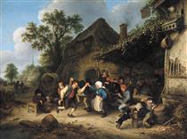 Peasants Carousing and Dancing outside an Inn - Адріан ван Остаде