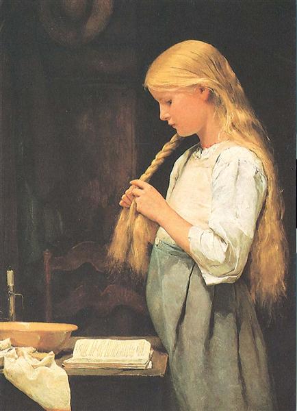 Girl Braiding Her Hair, 1887 - Albrecht Anker