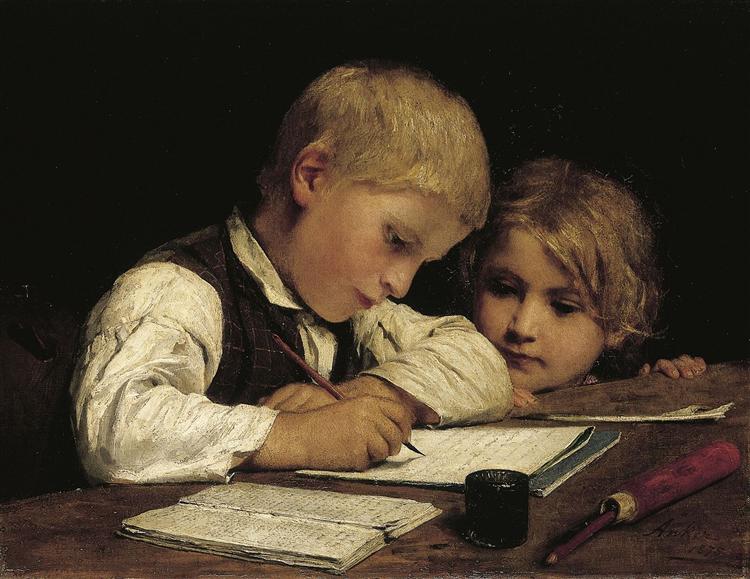 Writing boy with little sister, 1875 - Albert Anker