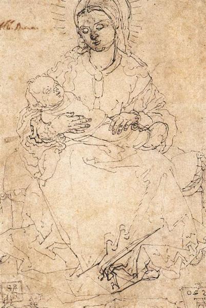 Madonna and Child on a Stone Bench, 1520 - Альбрехт Дюрер