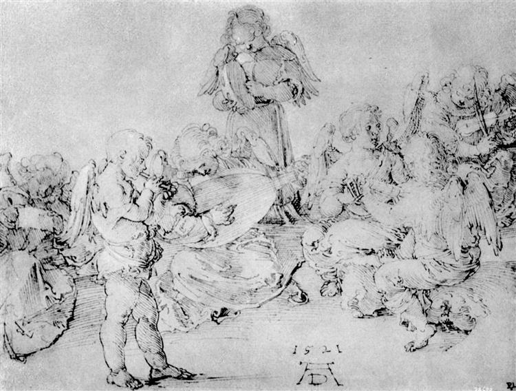 Studies on a great "picture of Mary"   Angel playing, 1521 - Альбрехт Дюрер