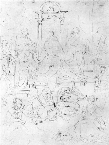 Studies on a great "picture of the Virgin"   Madonna and Child, saints and angels playing - Albrecht Dürer