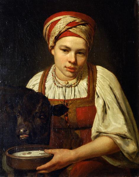 A Peasant Girl with a Calf - Alexei Gawrilowitsch Wenezianow