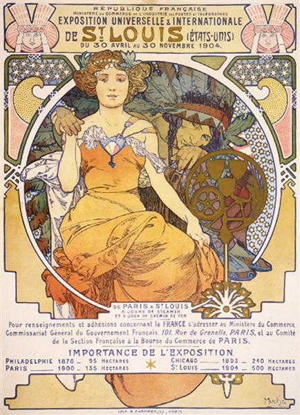 Art nouveau color lithograph poster showing a seated woman clasping the hand of a Native American, 1903 - 慕夏