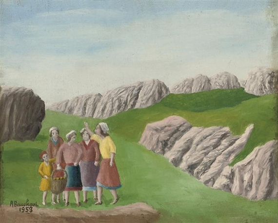 Cinq personnages dans un paysage de montagne, 1953 - André Bauchant