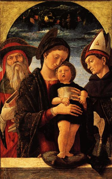 Богородиця з немовлям і святий Ієронім і Людовик Тулузький, 1455 - Андреа Мантенья