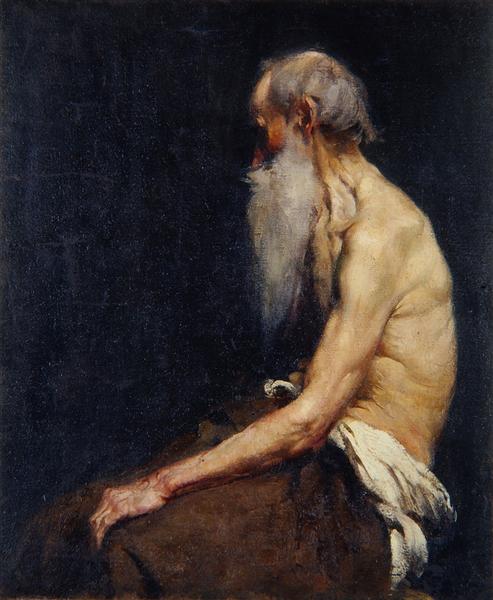 Sitting old man nude, 1905 - Антон Ажбе