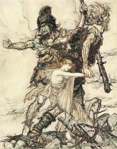 Fasolt suddenly seizes Freia and drags her to one side with Fafner - Arthur Rackham