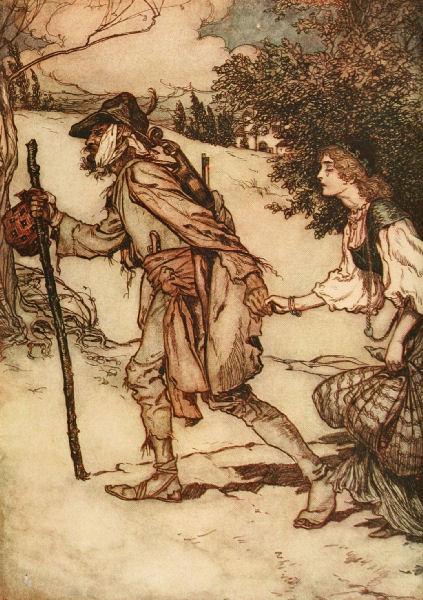 The Beggar took her by the hand and led her away - Arthur Rackham