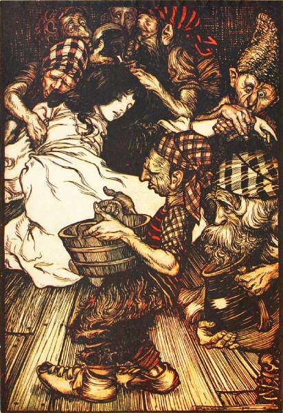 The Dwarfs, when they came in the evening, found Snowdrop lying on the ground - Arthur Rackham