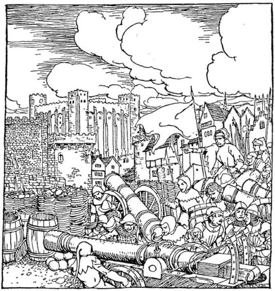 The king's troops lay siege to Lancelot's castle - Arthur Rackham