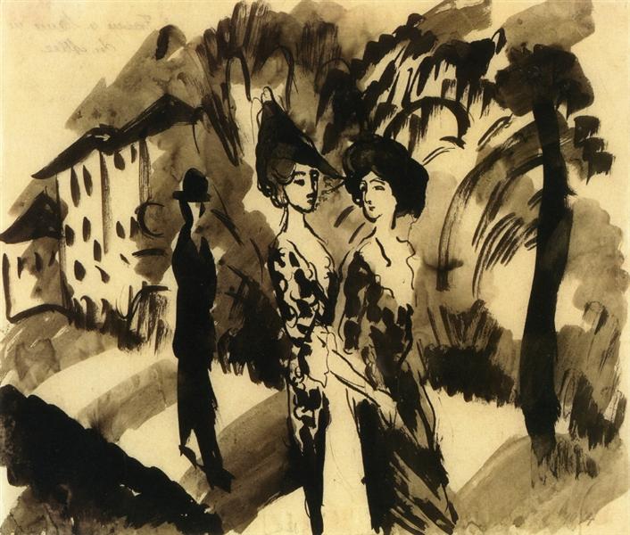Two Women and a Man on an Avenue, 1914 - 奧古斯特·馬克