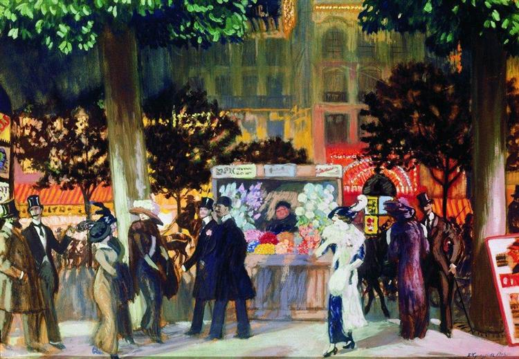 Парижский бульвар ночью, 1913 - Борис Кустодиев