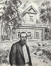 S.P. Podyachev in his hut in the village Obolyaninove - Boris Koustodiev