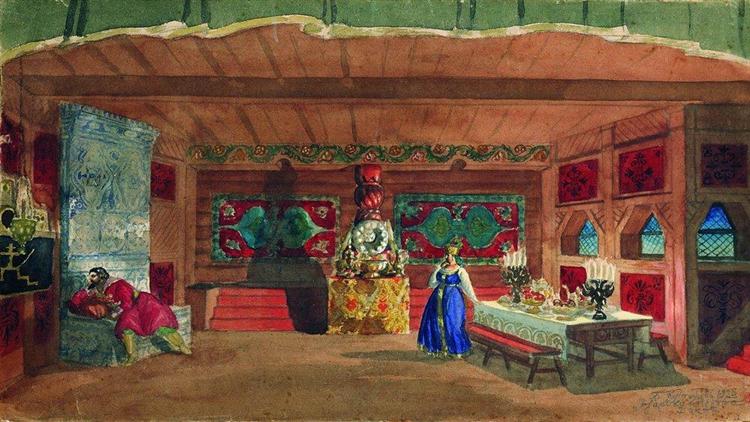 Stage design for Nikolai Rimsky-Korsakov's opera the 'The Tsar's bride', 1920 - Borís Kustódiev