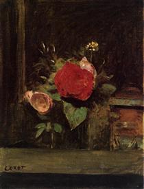 Bouquet of Flowers in a Glass beside a Tobacco Pot - Jean-Baptiste Camille Corot