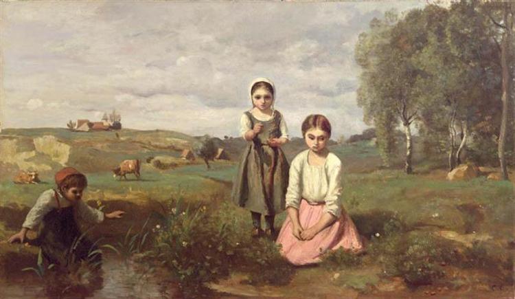 Children beside a brook in the countryside, Lormes, c.1840 - 柯洛