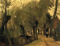LaBuissiere, near Bethune (pas de Calais) Lane Bordered by Willows - Jean-Baptiste Camille Corot