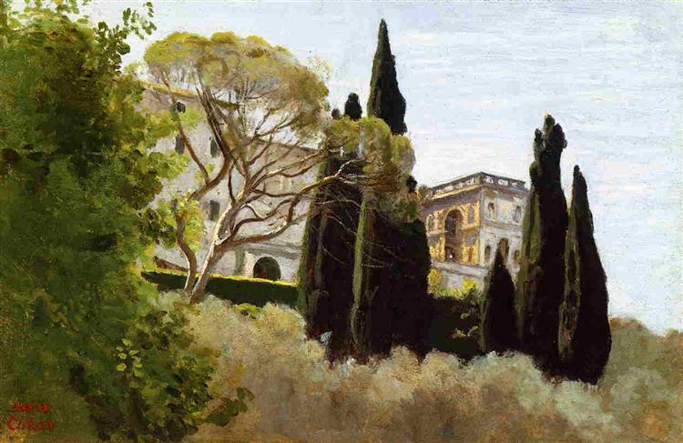 The Facade of the Villa d Este at Tivoli, View from the Gardens, 1843 - 柯洛