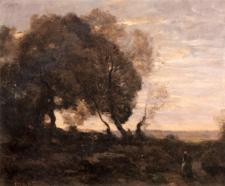 Twisted Trees on a Ridge (Sunset), c.1865 - c.1870 - Каміль Коро