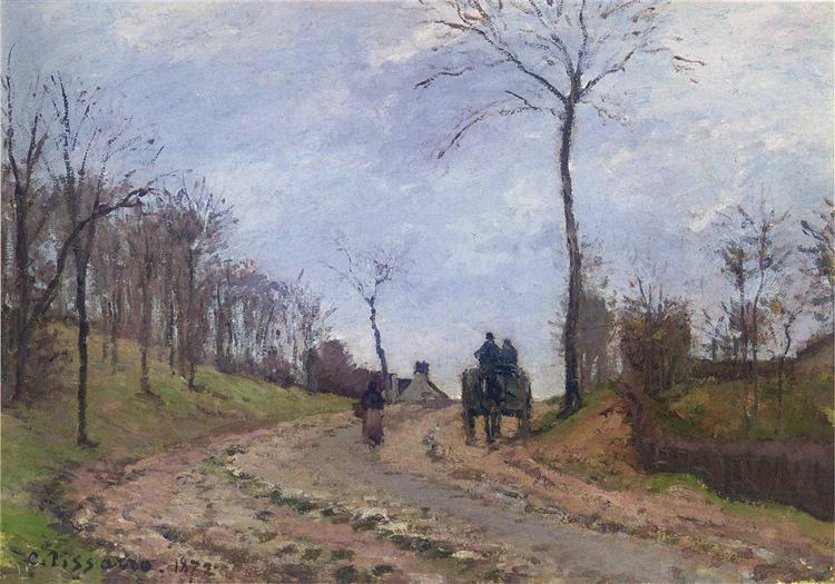 Carriage on a Country Road, Winter, Outskirts of Louveciennes, 1872 - Камиль Писсарро