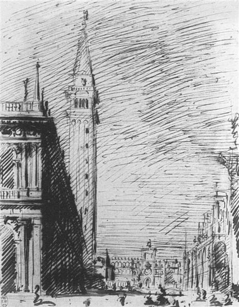 The Piazzetta Looking towards the Torre dell'Orologio, c.1728 - 加纳莱托