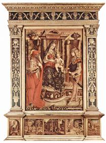 Enthroned Madonna, St. Jerome and St. Sebastian - Carlo Crivelli