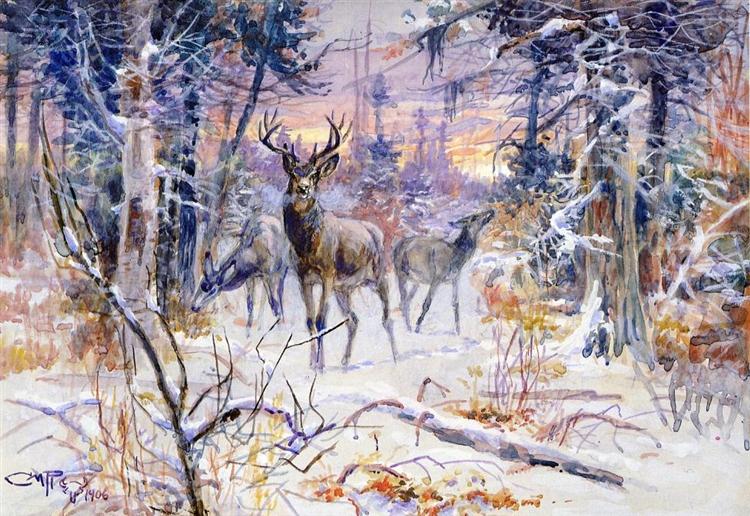Deer in a Snowy Forest, 1906 - Charles M. Russell