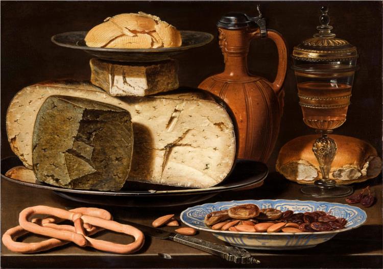Still Life with Cheeses, Almonds and Pretzels, 1615 - Клара Петерс