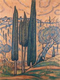 Landscape with cypresses - Constantinos Maleas