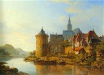 A View of a Town along the Rhine - Cornelius Springer