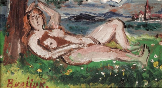 Reclining nude in a landscape - David Bourliouk