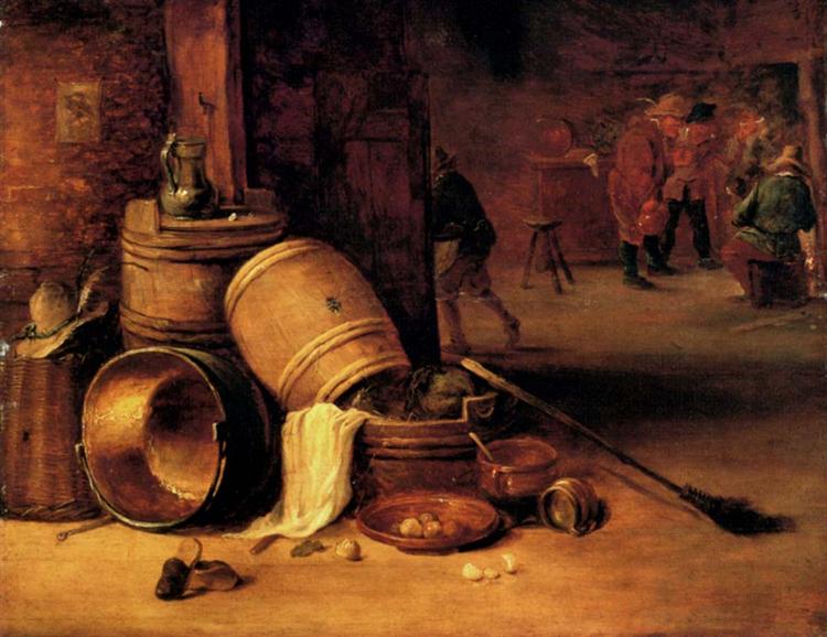 An interior scene with pots, barrels, baskets, onions and cabbages with boors carousing in the background - David Teniers, o Jovem