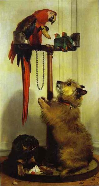 Macaw, Love Birds, Terrier, and Spaniel Puppies, Belonging to Her Majesty, 1839 - Едвін Генрі Ландсір