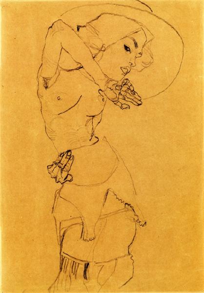 Standing Nude with Large Hat (Gertrude Schiele), 1910 - Эгон Шиле