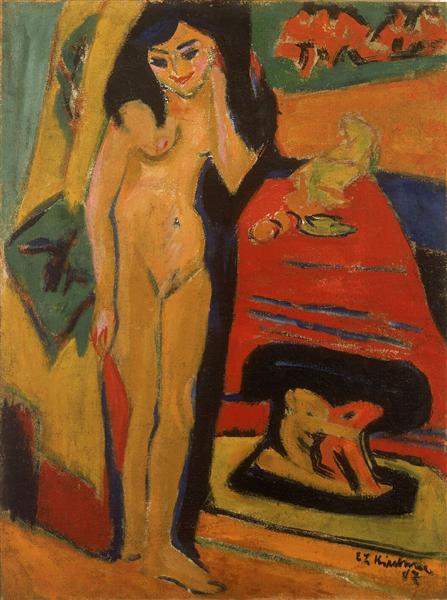 Naked girl Behind the Curtain (Franzi), 1910 - 1926 - Ernst Ludwig Kirchner