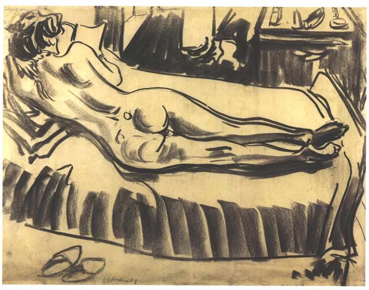 Reclining Female Nude on a Couch - Эрнст Людвиг Кирхнер