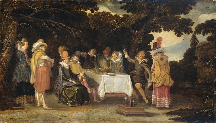 Elegant company dining in the open air, 1615 - Esaias van de Velde l'Ancien