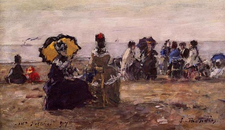 Beach Scene, the Yellow Umbrella - Eugène Boudin