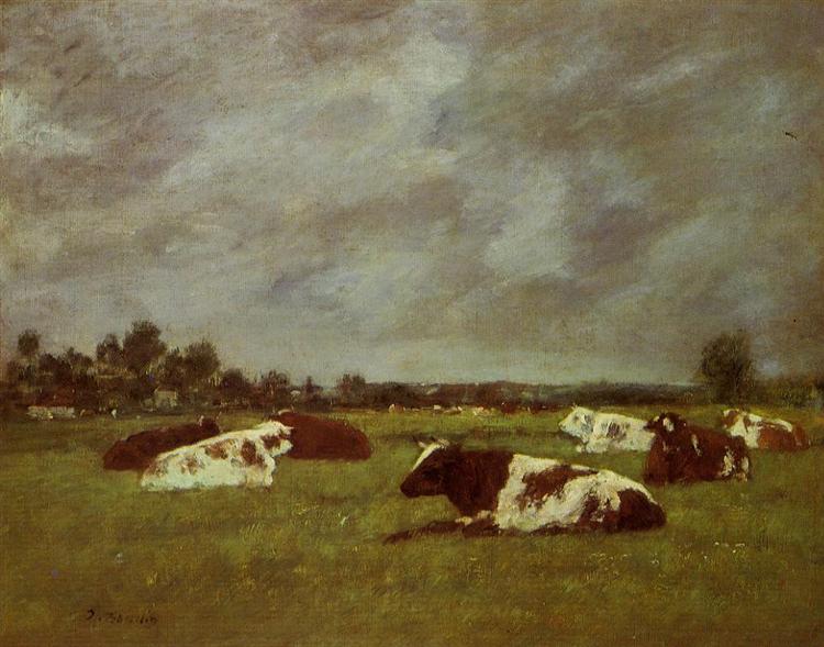 Cows in a Meadow, Morning Effect, c.1882 - Эжен Буден