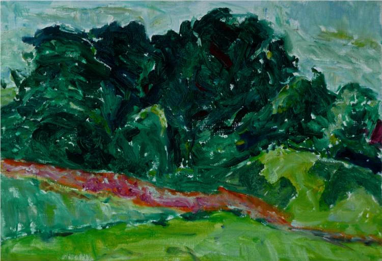 Burgundian landscape with trees in the meadow -  painting by Fons Heijnsbroek - Dutch artist, 1993 - Fons Heijnsbroek