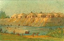 A village of the Hidatsa tribe at Knife River - George Catlin